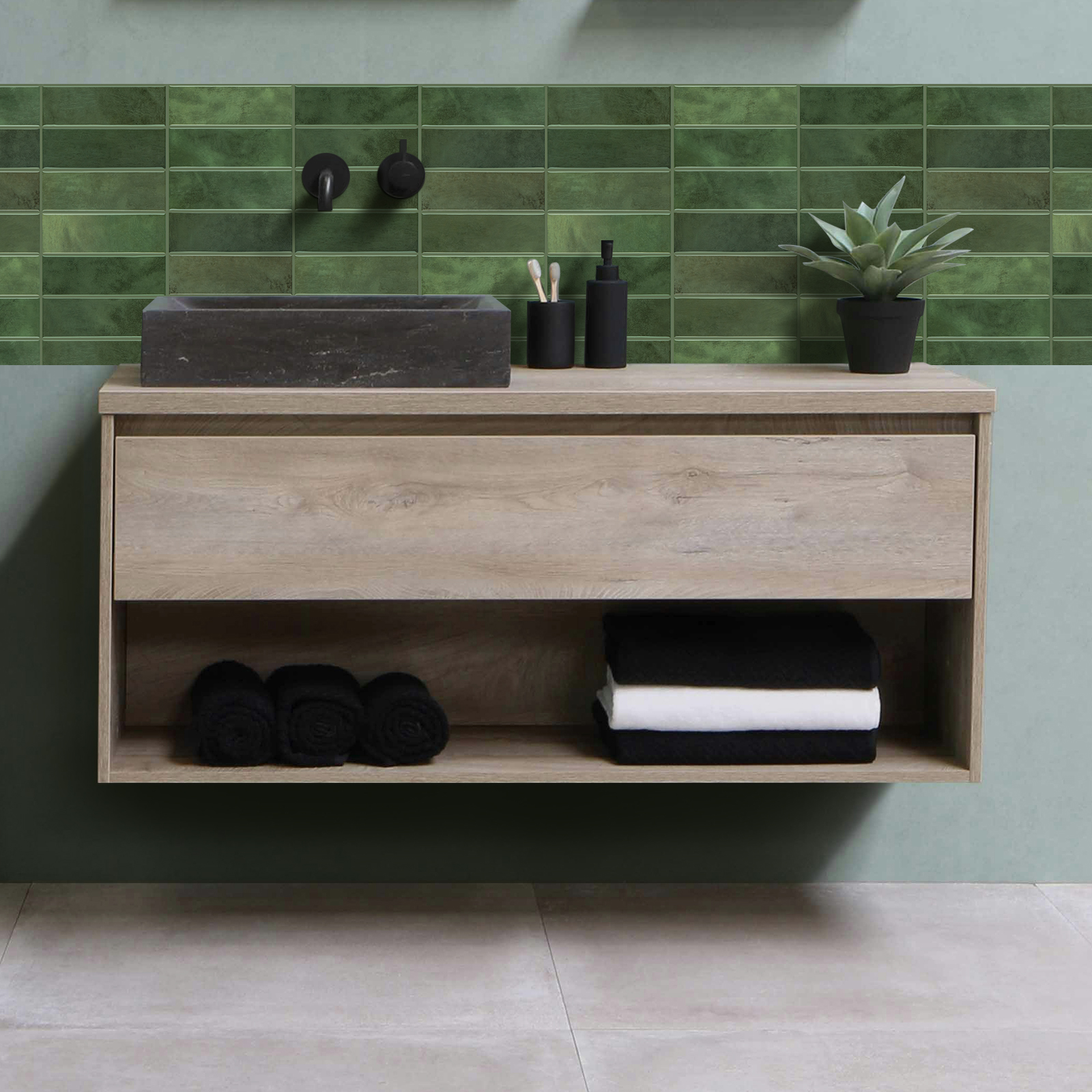 3D adhesive tiles installed as backsplash in midnight moss color